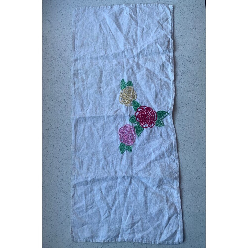 Hand Embroidered Roses Linen Table Runner Red Pink Yellow - Picture 2 of 4